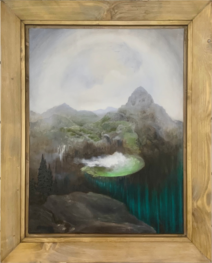 groot olieverfschilderij door Evelien Nijeboer, geconstrueerd maar realistisch berglandschap