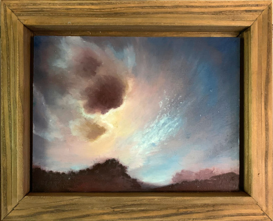 schilderij Evelien Nijeboer, strijd in de wolken, klein ingelijst paneel met olieverf